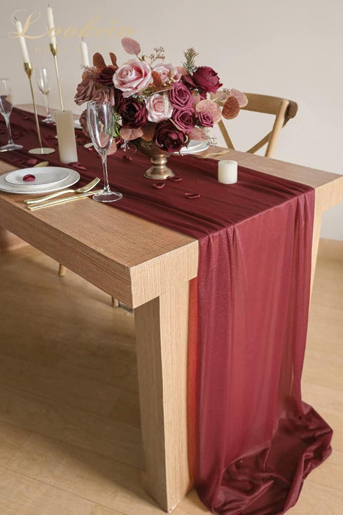 Lookein 10 Feet Burgundy Chiffon Table Runner Sheer Wedding Table Cloth 29x120 Inches Rustic Wedding Decorations French Chiffon Table Runner...