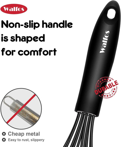 Walfos Whisk 11inch Flat Whisks and 10inch Balloon Whisk Combo,Silicone whisks for cooking,Non Scratch Coated Wisk,Suitable for Ceramic Coated pan...