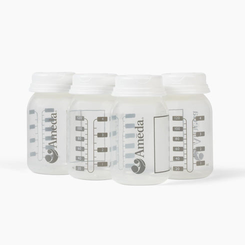 Ameda Breastmilk Storage Bottles with Lock-Tight Cap | 4.4 Ounce Breast Milk Storage Containers for Fridge (4 Count) | Breastmilk Storage Bag Alte...