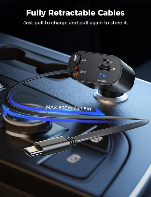 SUPERONE Retractable Car Charger for iPhone with Dual Lightning Cables, 4 in 1 USB C Car Charger Adapter with PD 60W Fast Charging Compatible with...