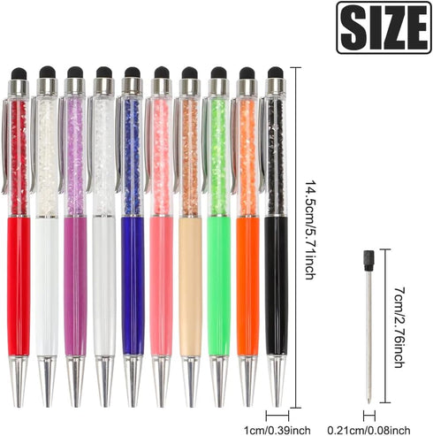 8Pcs Crystal Diamond Stylus Pens, FHDUSRYO 2 in 1 Black Ink Capacitive Ballpoint Pens with 8 Replacement Refills, Bling Rhinestones Retractable To...