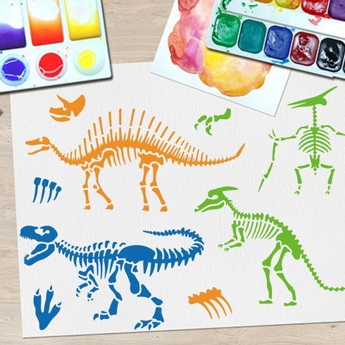 3pcs Dinosaur Skeleton Stencil Template Stegosaurus Triceratops Tyrannosaurus Rex Stencils 11.8×11.8inch with Paint Brush Dinosaur Footprint Stenc...