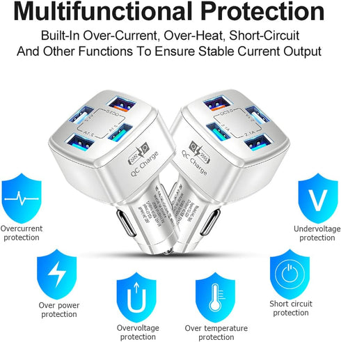 USB Car Charger Adapter, 4 Ports QC3.0 35W 7A Fast Car Phone Charger, Multi-Port Smart Quick Charger with LED Light, Compatible with iPhone 13 12 ...