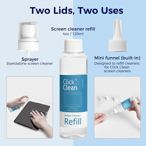 Click Clean Screen Cleaner Refill Kits - 4 oz Cleaner Refill and 1 Microfiber Cloth(7.8 x 7.8in), 1 Mini Refill Funnel + 1 Sprayer - Specially Des...