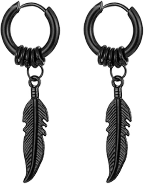 316 Punk Stainless Steel Huggie Hoop Dangle Earrings 14mm Hip Hop Drop Earring Vintage Six-pointed Star Feather Triangles Jewelry for Women Men...