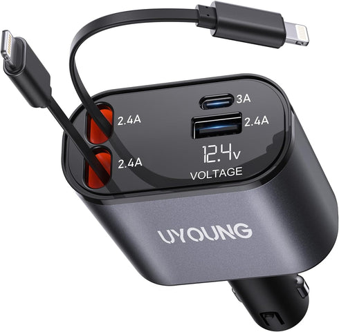 iPhone Car Charger 4 in 1 Fast USB Car Phone Charger 20W Double Lightning Retractable Cables 31.5 Inch and 2 USB Ports Car Charger Adapter for iPh...