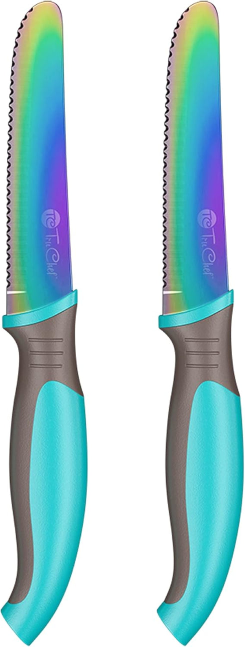 Kids Tomato Steak Knife Set for Real Cooking (Aqua) - 2pcs - Skin Friendly Serrated Edge Stainless Steel Lightweight - Safe for Children & Beginne...