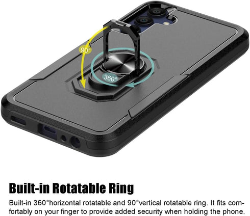 for Samsung Galaxy A15 5G Case, Shockproof Protection Phone Case with Rotatable Ring Holder Kickstand + Tempered Glass Screen Protector for Galaxy...