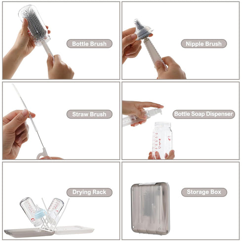 6 in 1 Bottle Cleaning Brush Set with Silicone Bottle Brush, Nipple Brush, Straw Brush, Soap Dispenser, Drying Rack for Baby Bottle and Water Bott...