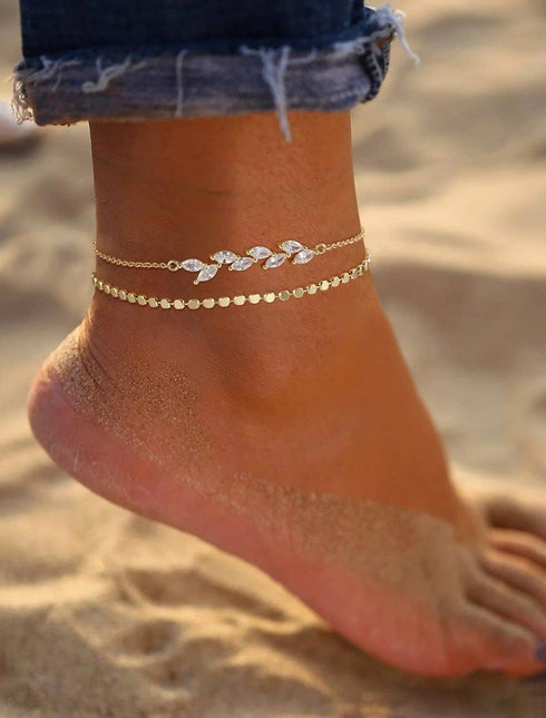 Foxgirl Gold Ankle Bracelets for Women,14k Gold Plated/Silver Anklets for Women Waterproof Layered CZ Leaf Beaded Cuban Chain Anklets Set Summer B...