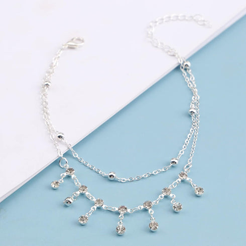 Boho Layered Rhinestone Ankle Bracelet Silver Dangle Crystal Anklet Bracelets Cz Tassel Anklets Glitter Tennis Foot Chain Jewelry for Women and Gi...