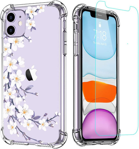 Clear Flower Designed for iPhone 11 Case with Screen Protector, Soft Shockproof Protective Transparent Bumper Cover for Women Girls Floral Pattern...