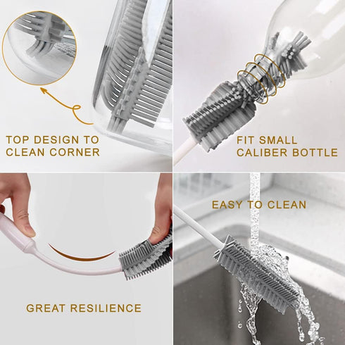 Bottle Cleaning Brush Set, Long Handle Silicone Cleaner Brushes + Thermos Lid Cup Brush + Drinking Straw Brush for Cleaning Baby Bottles, Narrow N...