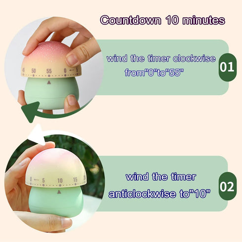 Mechanical Kitchen Timer, Cute Mushroom Timer for Kids, Wind Up 60 Minutes Manual Countdown Timer for Classroom, Home, Study and Cooking (Green Ba...