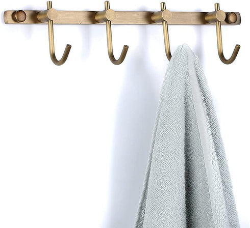 WINCASE Brass Towel Hook Rack, Brushed Brass Wall Hook Rack, Antique Brass Row Hooks with 4 Hooks Rustic Wall Mounted...