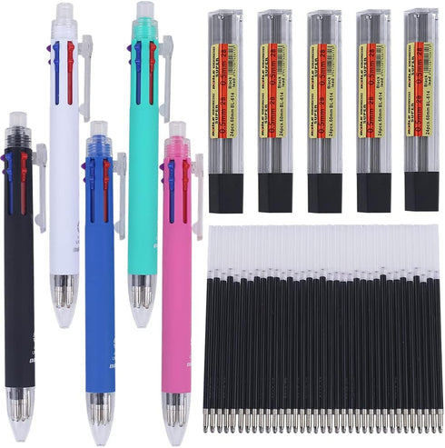 5 + 1 Multifunction Pen Set 0.7mm Colored Ballpoint Pen and 0.5mm Mechanical Pencil in One Pen Package Contains 5pcs Pens and 30pcs Pen Refills an...