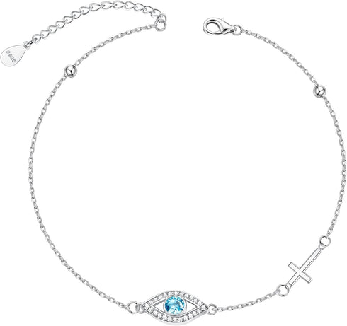 925 Sterling Silver Anklets for Women Evil Eye Cross Adjustable Anklet With Bead Dainty Evil Eye Ankle Bracelets Jewelry Gift...