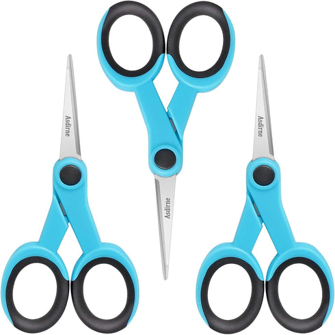 5” Detail Scissors, Embroidery Scissors with Sharp Stainless Steel Blade and Soft Handles, Great for Sewing, Craft, Office and School, 3 Pcs, Blue...