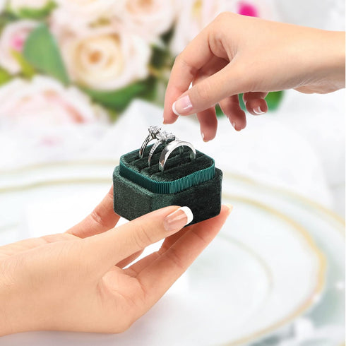 Velvet Ring Box, Octagon Velvet Jewelry Ring Box Storage 3 Slots Ring Holder Box for Proposal, Engagement, Wedding Ceremony (Green)...