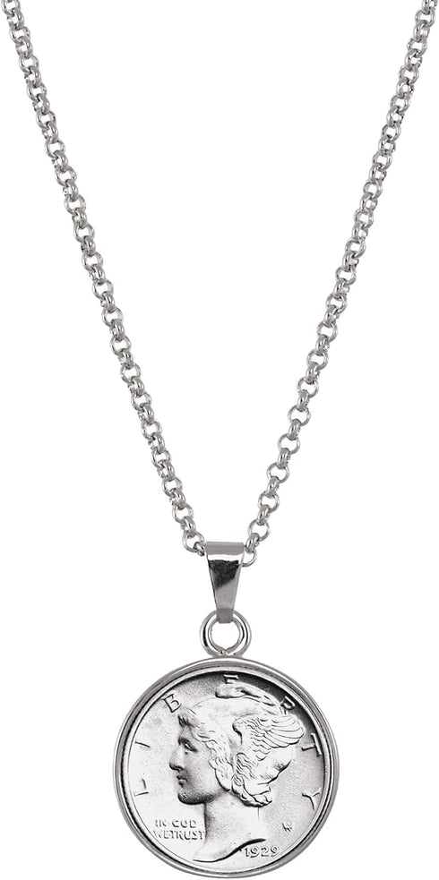 American Coin Treasures Silver Mercury Dime Silvertone Coin Pendant with 18" Cable Chain Necklace, Genuine and Elegant Keepsake Jewelry for Women,...