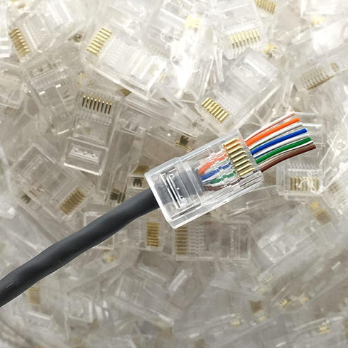 PETECHTOOL RJ45 CAT5 CAT5e Pass Through Connectors 50Pack-End Ethernet 8P8C GoldPlated Modular Plug for Unshielded Twisted Pair Solid Wire & Stand...