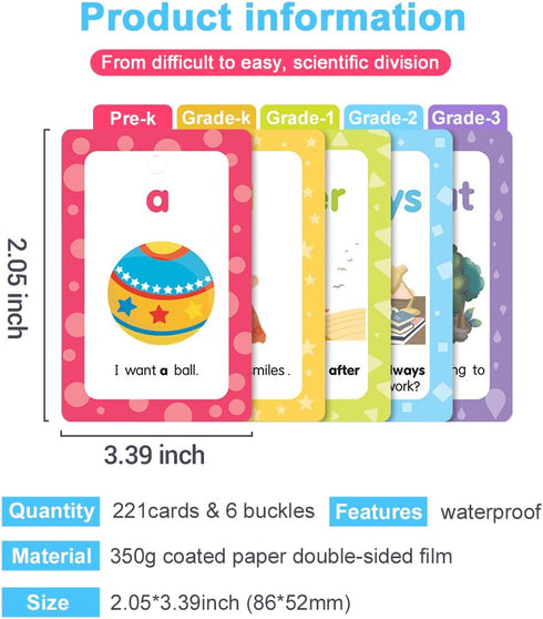 220 Sight Words Flashcards with Pictures and Sentences, 5 Levels High Frequency Words, Kindergarten to 1st Grade, Autism Learning Materials, Vocab...
