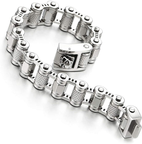 COOLSTEELANDBEYOND Masculine Mens Bike Motorcycle Link Bike Chain Bracelet of Stainless Steel with Skull Clasp...