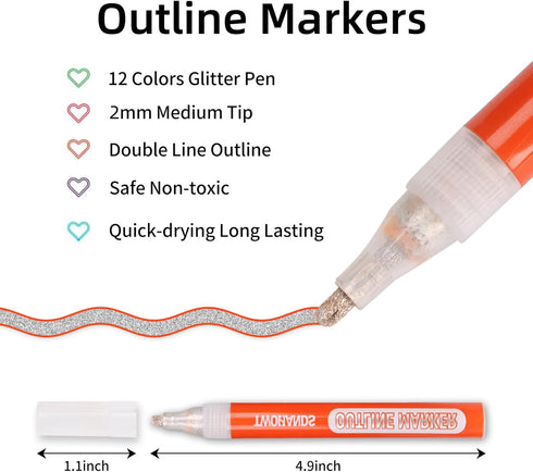 YISAN Outline Markers, Glitter Markers,Metallic Pens,Shimmer Marker Set,Christmas Card Making 12 Colors for Gift Card Writing Drawing?70436...