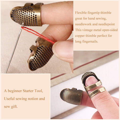 8 Pcs Thimble + 30 Pcs Sewing Needles, Finger Protector Fingertip Adjustable Metal Bronze Rings and Leather Coin Thimble for Needlework, Hand Embr...