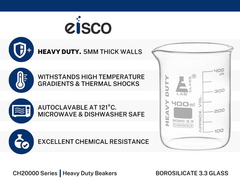 EISCO Heavy Duty Beaker, 250ml - 5mm Thick, Uniform Walls - Superior Durability & Chemical Resistance - White Graduations - Borosilicate 3.3 Glass...