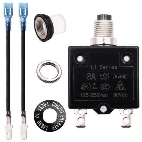 Tnisesm 3A Push Button Circuit Breaker 125/250V AC 50V DC, L1 Series Manual Reset Thermal Circuit Breaker with 19cm Wire Leads, 6.3mm Female Spade...