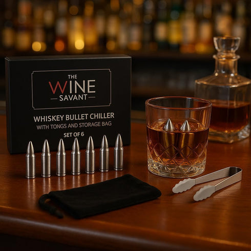 Bullet Whiskey Chillers Stones - Whiskey Rocks by The Wine Savant Set of 6 - Stainless Steel Bullet Shaped Ice Cubes, Gift Box Come, Tongs and Sto...