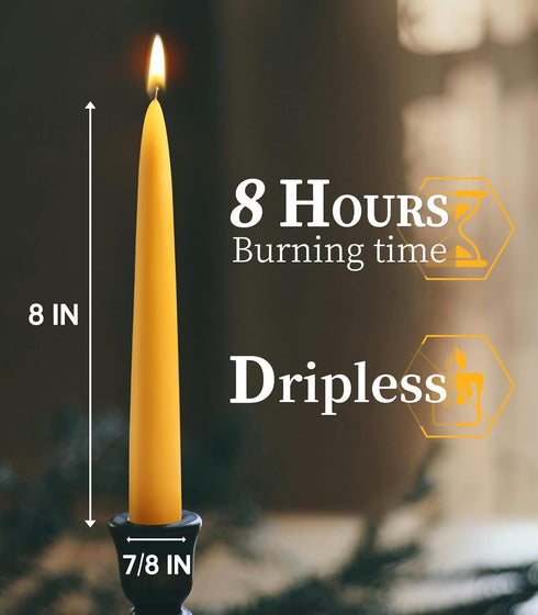 6 Packs Natural Beeswax Taper Candles- 8 inch Beeswax Candles, Smokeless and Dripless Beeswax Candles- 8 Hour Burn Time Beeswax Candlesticks- for ...