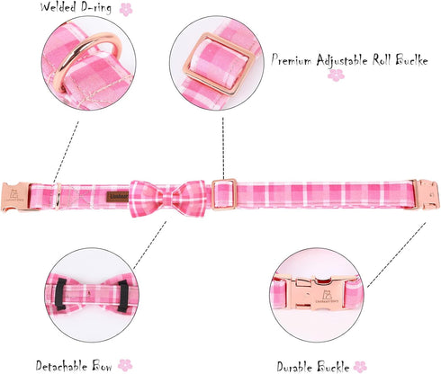 Lionheart glory Pink Plaid Dog Collar, Adjustable Dog Collar with Bowtie, Pet Gift Girl Collar for Dog Soft Bowtie Dog Collars for X-Small Puppy...