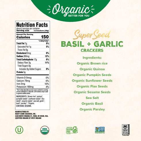 Mary's Gone Crackers Super Seed Crackers, Organic Plant Based Protein, Gluten Free, Basil & Garlic, 5.5 Ounce (Pack of 1)...