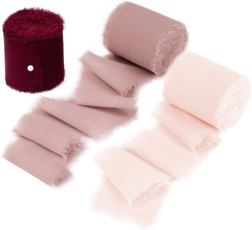 DORIS HOME 3 Rolls 2"x7Yd Fringe Chiffon Ribbon for Flower Bouquet, Handmade Burgundy & Pink Ribbon for Gift Wrapping, Frayed Edge Ribbon for Craf...