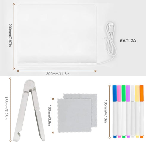 Acrylic Dry Erase Board with Light 11.8 X 7.9” Light up Dry Erase Board with Stand as a Glow Memo LED Letter Message Board Note Glass Led Board Wh...