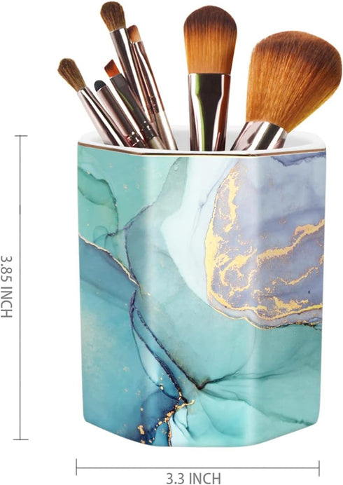 WAVEYU Pencil Cup for Desk Cute, Pen Pencil Stand Holder, Office Desk Organizer for Men Women Ceramic Marble Makeup Brush Holder for Home, Green M...