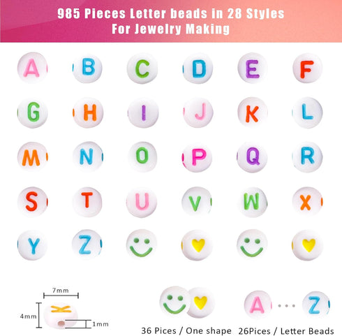 985 Pieces Letter Beads Kit,28 Styles Friendship Bracelet Kit Alphabet Beads Smiley Face Beads for Bracelets Jewelry Making Kit (White Bead Color ...
