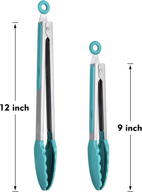HOTEC Premium Stainless Steel Locking Kitchen Tongs with Silicon Tips, Set of 2-9" and 12", Blue...