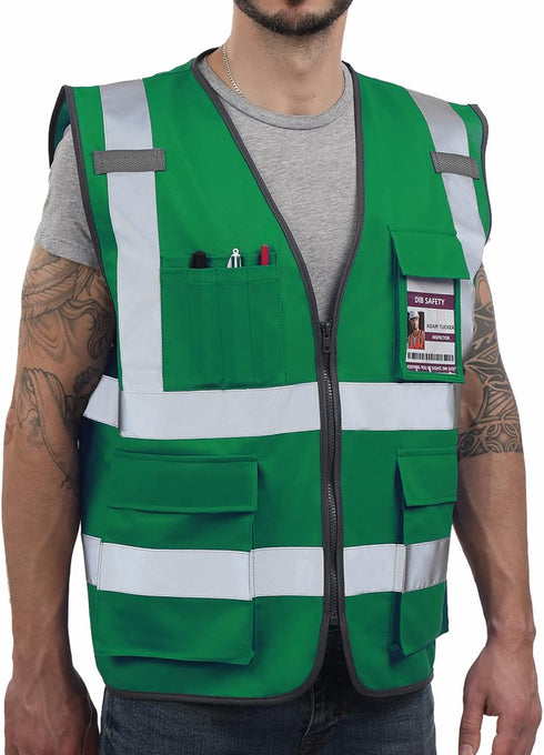 Reflective Vest High Visibility with Pockets and Zipper, Green L...