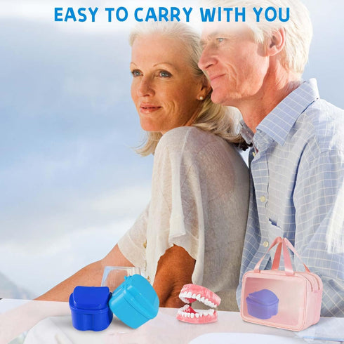 2 Pack Colors Denture Bath Case Cup Box Holder Storage Soak Container with Strainer Basket for Travel Cleaning (Light Blue and Blue)...