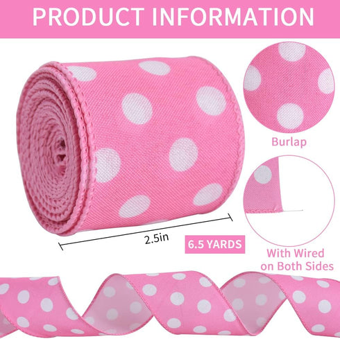 TONIFUL 2.5 Inch Wired Edge Ribbon, Baby Pink Polka Dots Burlap Ribbon, Summer Spring Wired Ribbon, for Gift Wrapping, Wreath Bows Making, Crafts ...