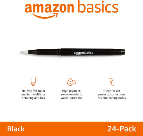 Amazon Basics Felt Tip Marker Pens - Medium Point, Black, 24-Pack...