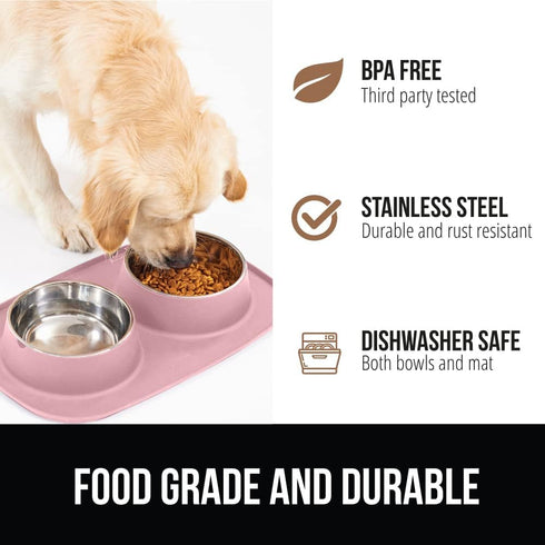 Gorilla Grip 100% Waterproof BPA Free Cat and Dog Bowls Silicone Feeding Mat Set, Stainless Steel Bowl Slip Resistant Raised Edges, Catch Water, F...