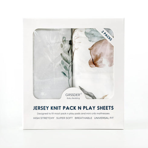 Stretchy Ultra Soft Jersey Knit Fitted Pack and Play Sheets Set 2 Pack, Portable/Mini Crib Sheets Safe and Snug Fitted for Boys and Girls, Cute Be...
