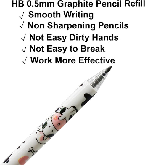 Maydahui 12Pcs Cartoon Milk Cow Eternal Pencils Retractable HB 0.5mm Cow Print Everlasting Pencils Magic Inkless Pencil for Student Teacher School...