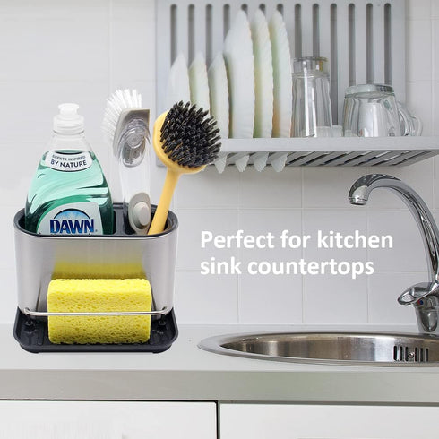 Stainless Steel Sink Caddy, Trendy Kitchen Sink Organizer for Countertop, Sponge Holder & Dish Brush Holder with Drain Tray...