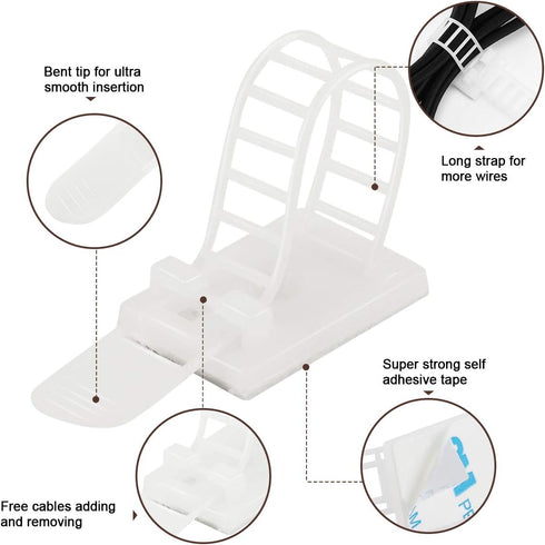 Adhesive Cable Management Clips, 50Pcs Adjustable Nylon Cable Strap Ties Wire Clips Clamps Organizer with Strong Adhesive Tape, Extra Screw & Hole...