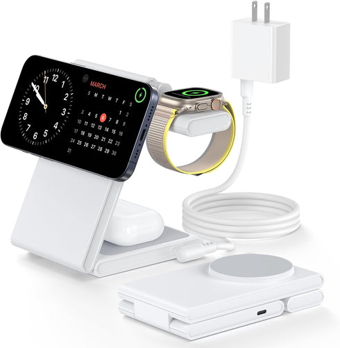 2024 Upgraded 3 in 1 Foldable Magnetic Wireless Charging Station with PD 20W USB-C Adapter, Compatible with MagSafe, Charger Stand for iPhone 15/1...
